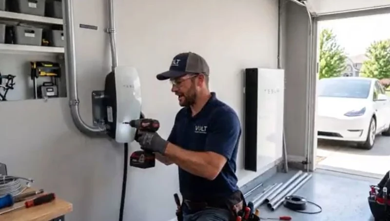 Electrician installing a Level 2 EV charger on a garage wall beside an electric car