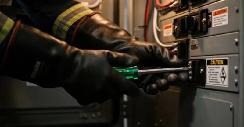 Gloved electrician tightening a connection inside a breaker panel with a screwdriver
