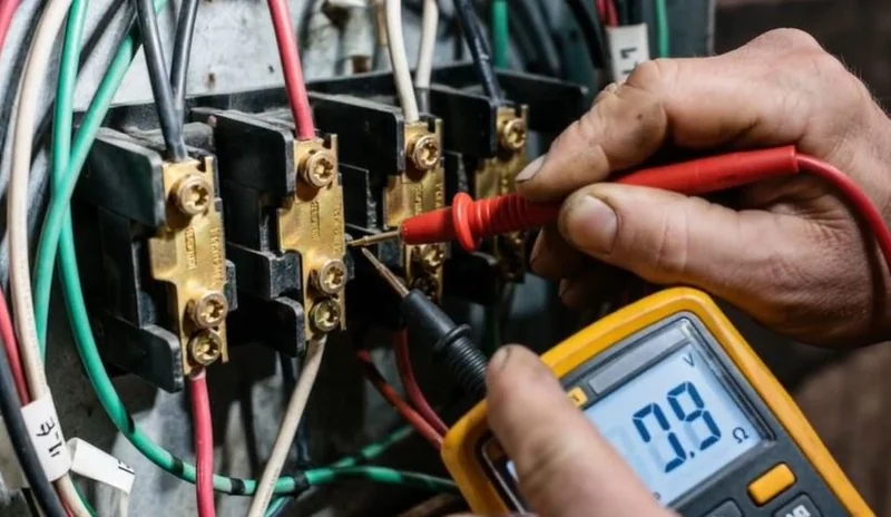 Electrician testing voltage in an electrical panel with a digital multimeter