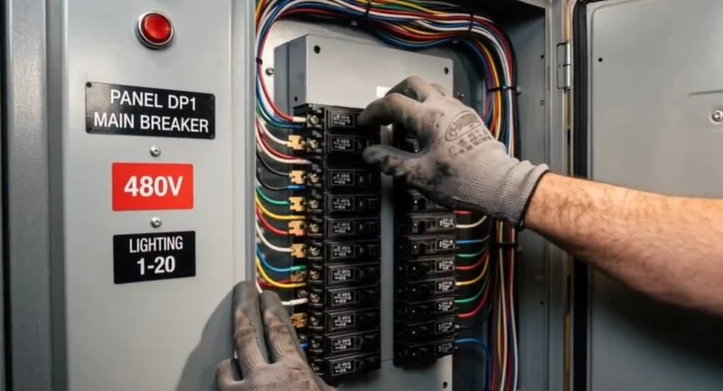Electrician working on labeled breakers in a commercial lighting panel
