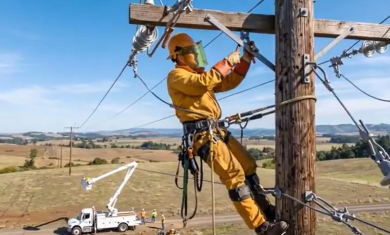 Utility lineworker repairing overhead power lines on a wooden pole