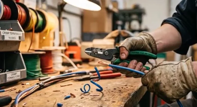 Electrician stripping wire at a workbench with spools of electrical cable